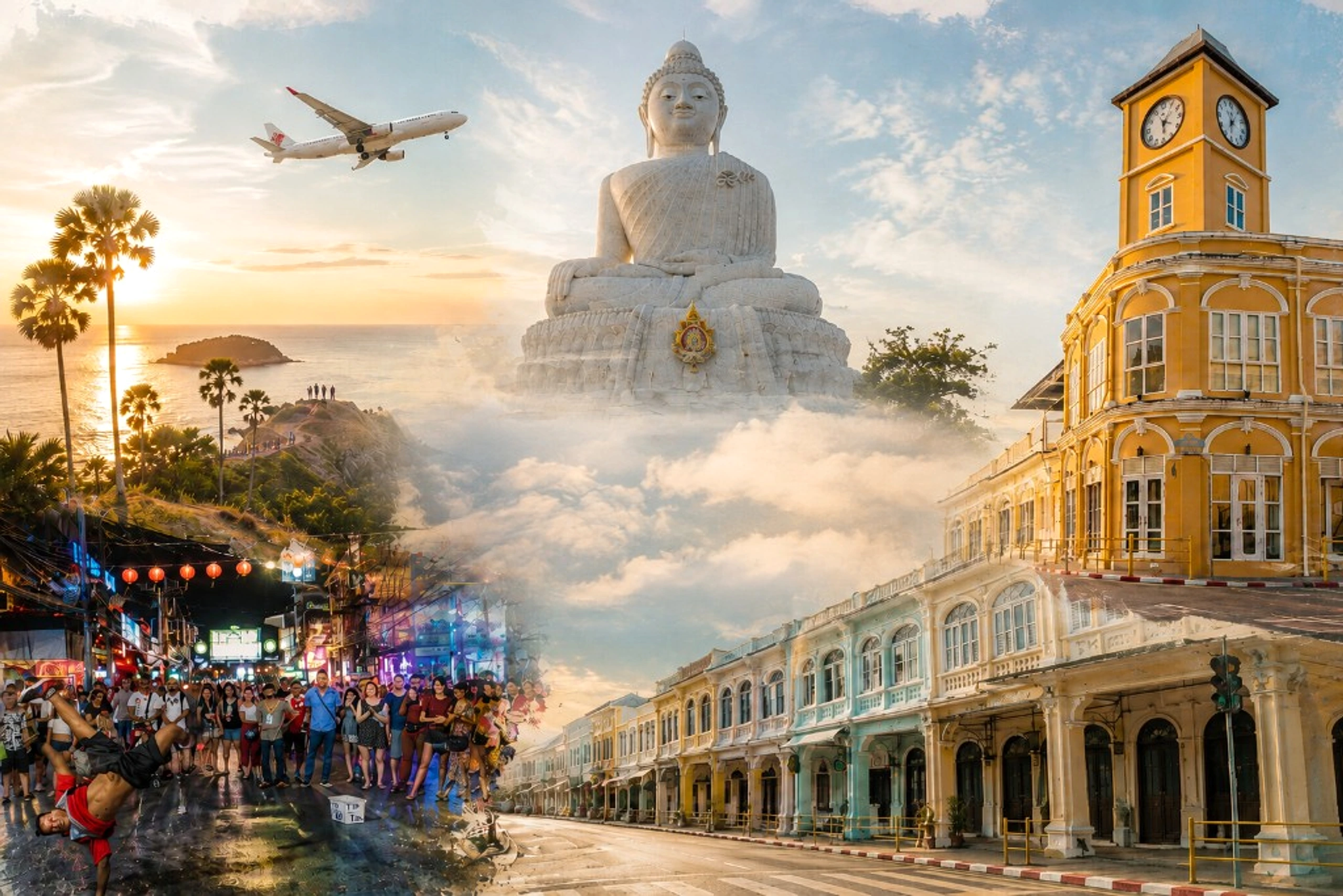 Phuket landmarks collage ? Big Buddha, Old Town clock tower, Sino-Portuguese shophouses, night market and sunset